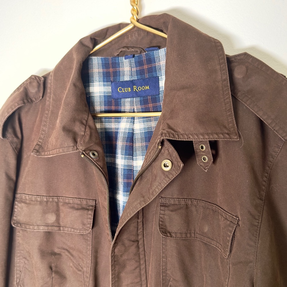 Club Room Chocolate Brown Barn Jacket Coat Plaid Blue L/XL - Picture 2 of 5